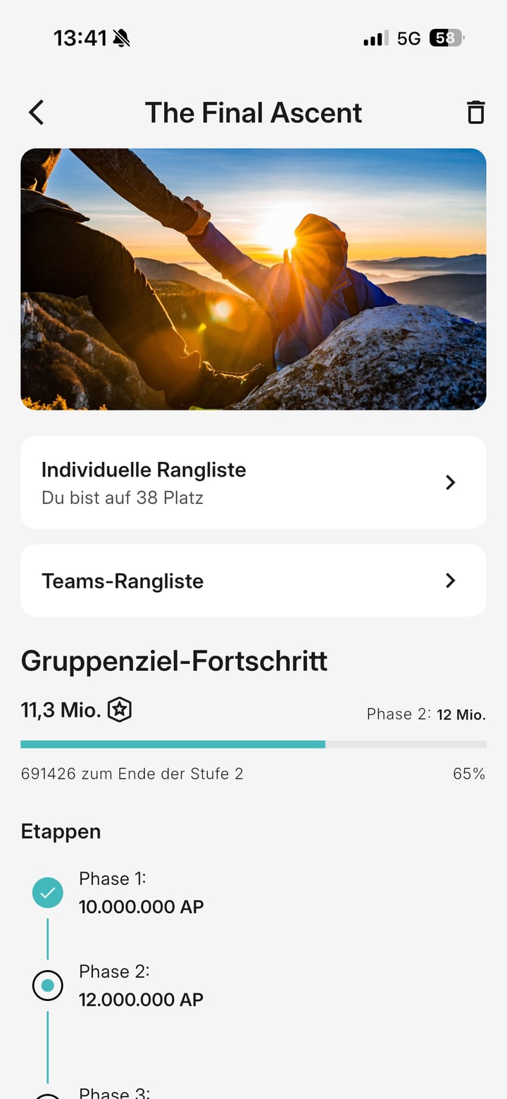 Move-Republic-App: Gruppenziel-Fortschritt der Challenge mit Etappen