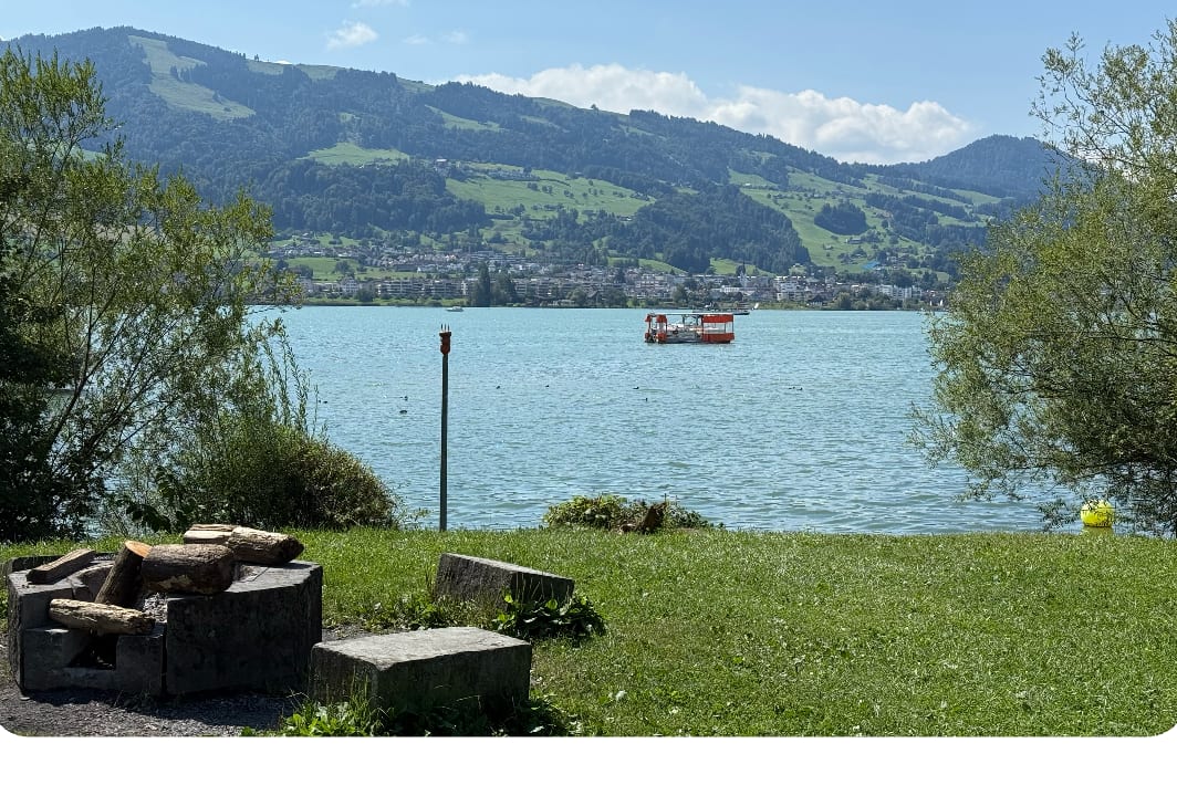 Blick über den Zürichsee auf grüne Hügel